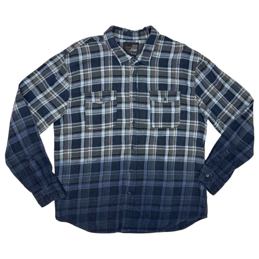 Blue Crown Men's 2XL Flannel Shirt Blue Black Fade Plaid Button-Up 100% Cotton